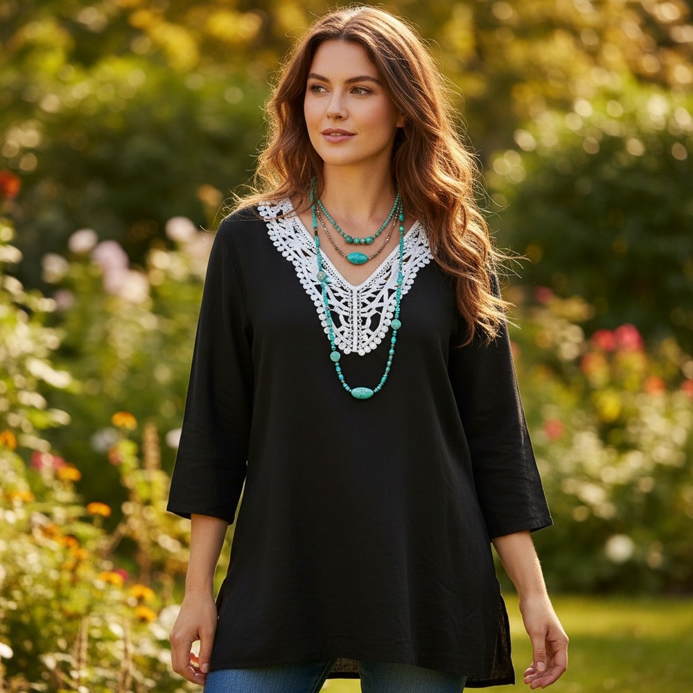 Premise XL Tunic Top Black White Crochet Lace Linen Boho Peasant Hippie Cottage